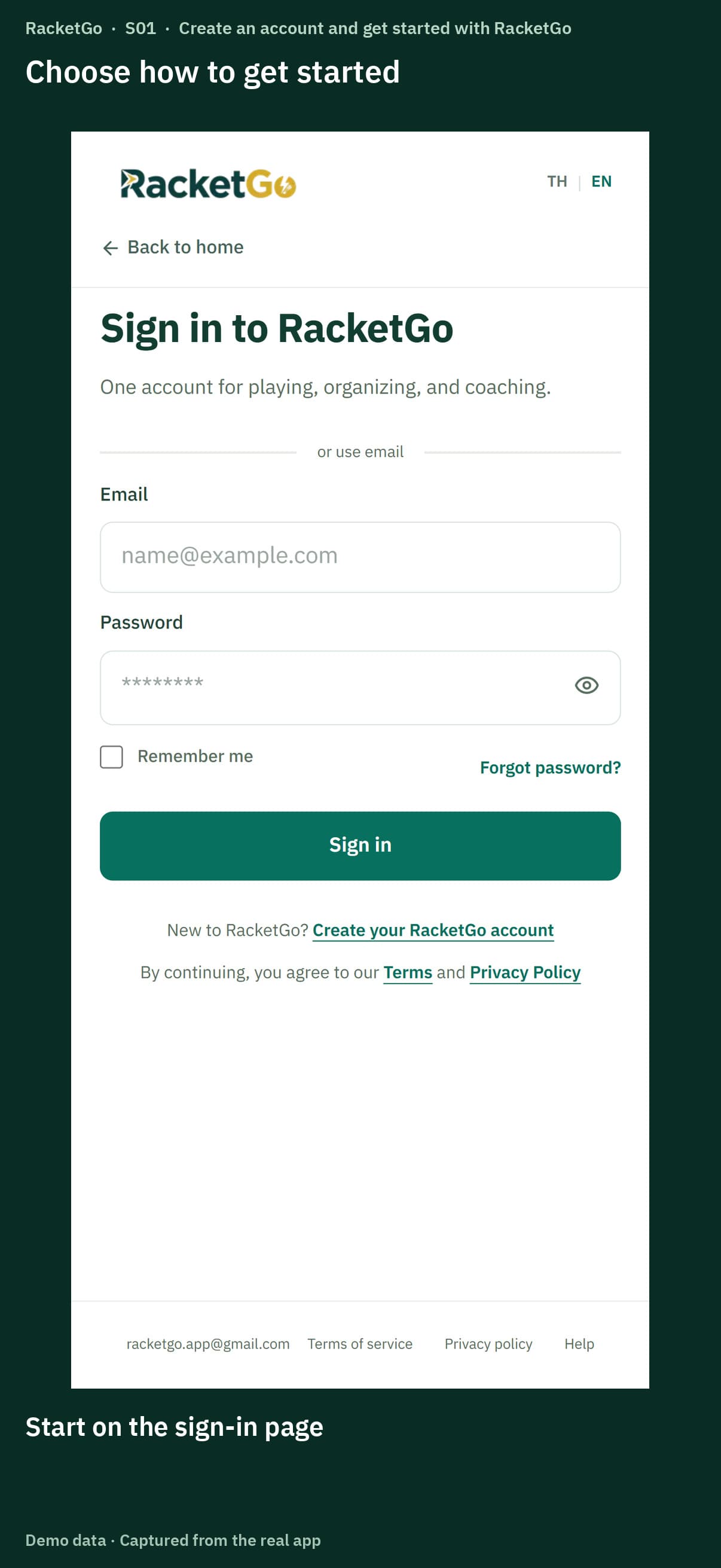 Create an account and get started with RacketGo