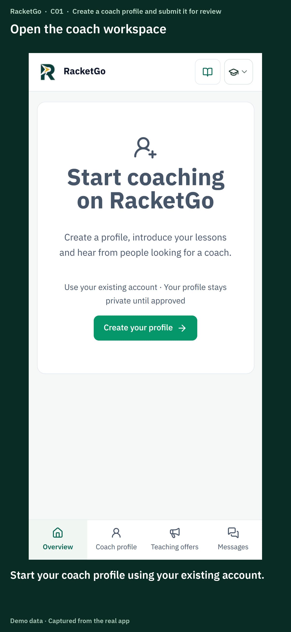 Create a coach profile and submit it for review